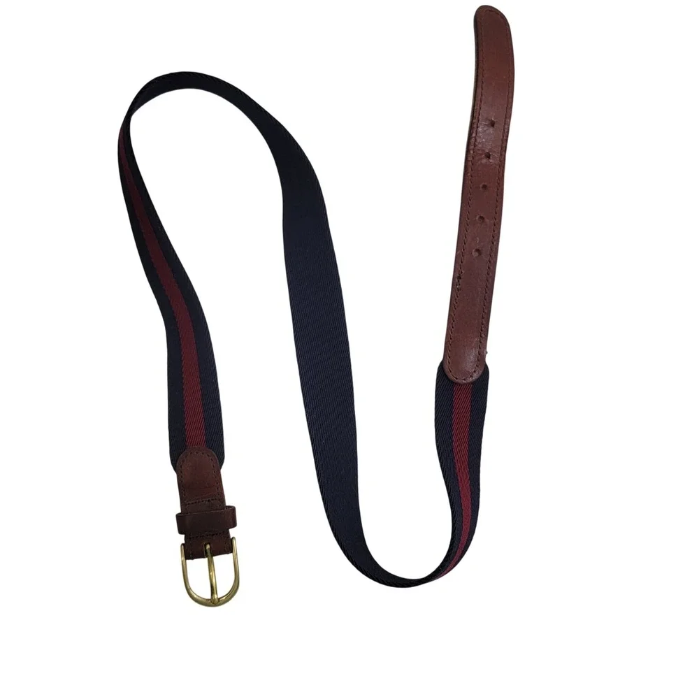 Mens Navy Burgundy Striped Wool Surcingle Belt Leather Solid Brass Buckle Sz 34